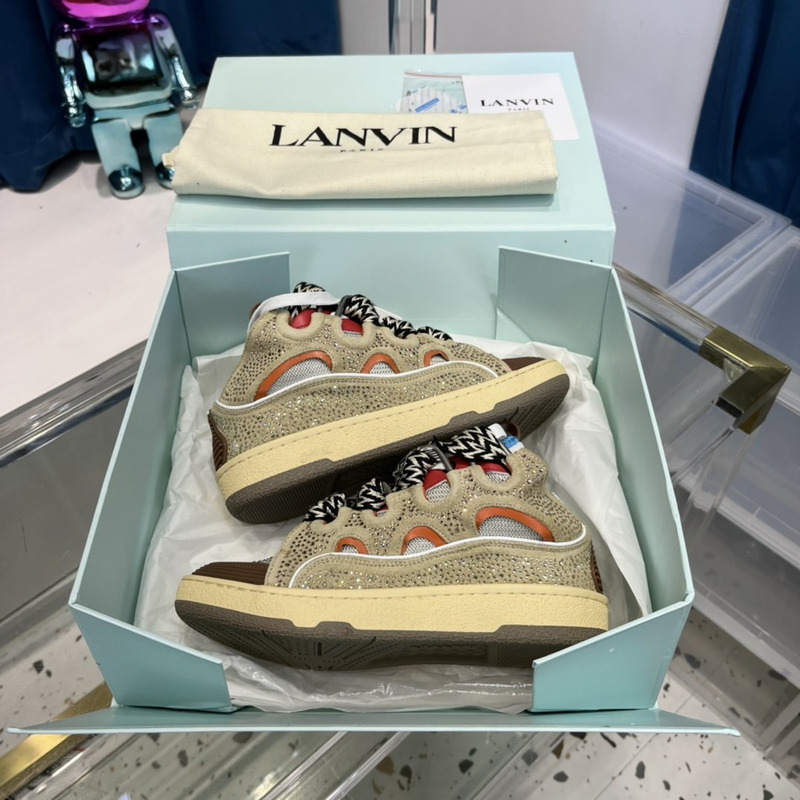 Lanvin Curb Leather Sneakers With Multicolor Laces in Brown