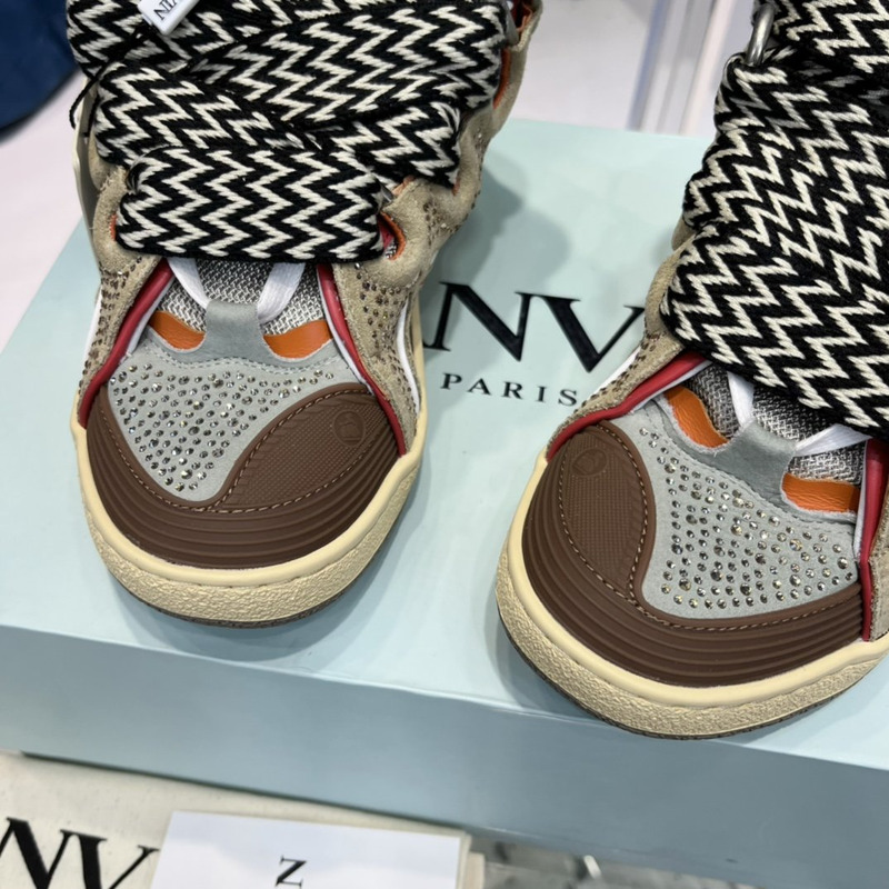 Lanvin Curb Leather Sneakers With Multicolor Laces in Brown