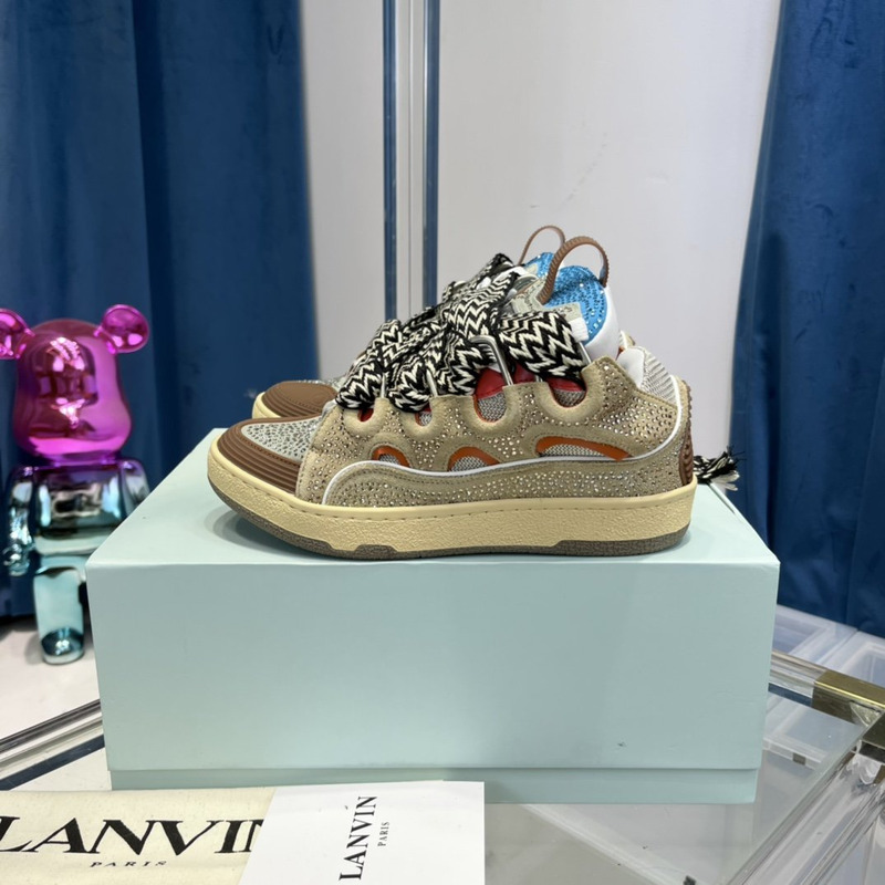 Lanvin Curb Leather Sneakers With Multicolor Laces in Brown