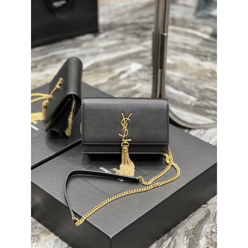 Saint Laurent Monogram Grain de Poudre Crossbody Bag Black(Gold Logo)