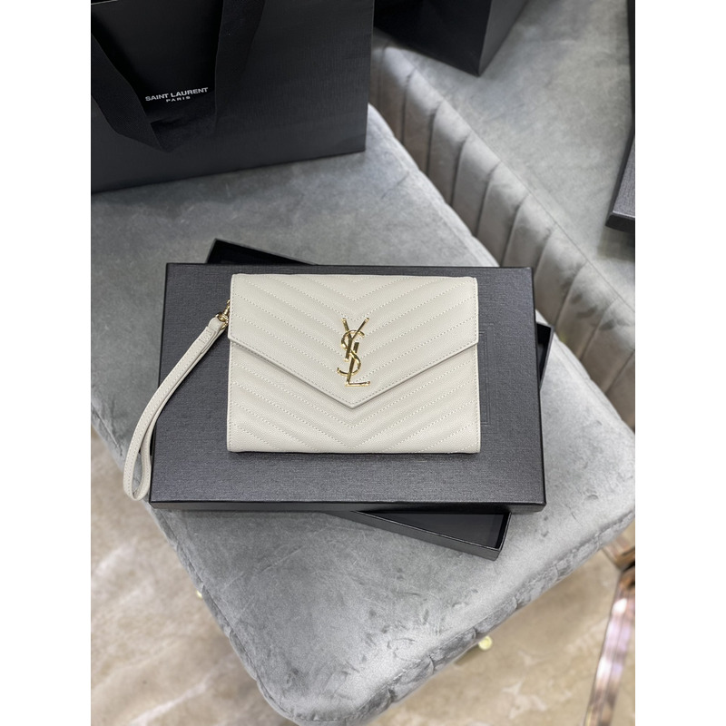 Saint Laurent Flap Pounch in Grain De Pouder Embossed Leather White