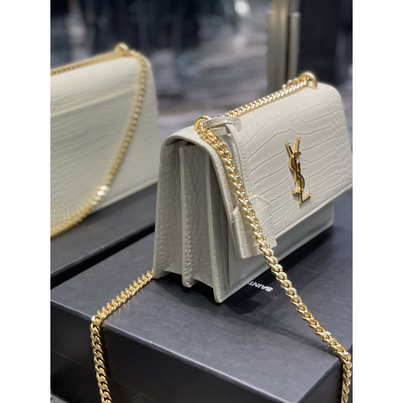 Saint Laurent SUNSET WHITE CHAIN BAG IN CROCODILE EMBOSSED SHINY LEATHER