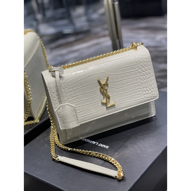 Saint Laurent SUNSET WHITE CHAIN BAG IN CROCODILE EMBOSSED SHINY LEATHER