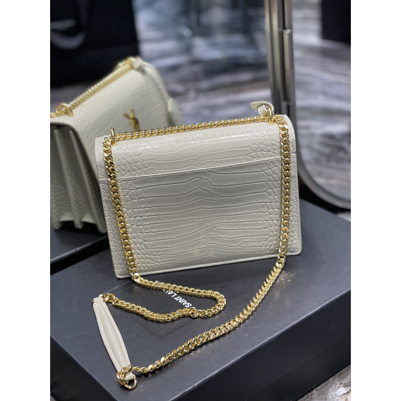 Saint Laurent SUNSET WHITE CHAIN BAG IN CROCODILE EMBOSSED SHINY LEATHER