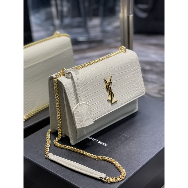 Saint Laurent SUNSET WHITE CHAIN BAG IN CROCODILE EMBOSSED SHINY LEATHER