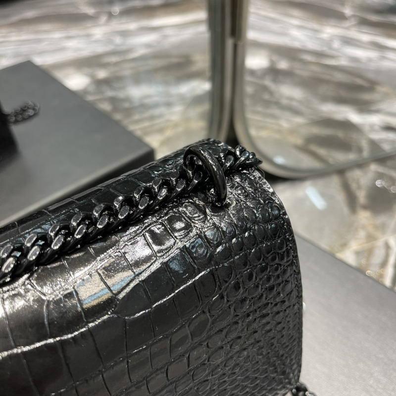 Saint Laurent SUNSET BLACK CHAIN BAG IN CROCODILE EMBOSSED SHINY LEATHER