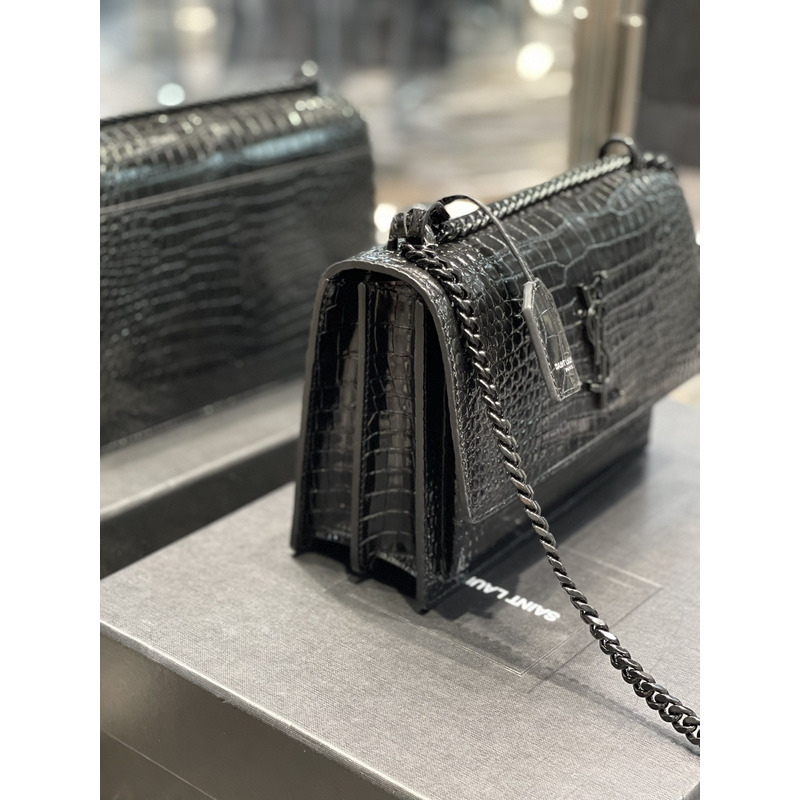 Saint Laurent SUNSET BLACK CHAIN BAG IN CROCODILE EMBOSSED SHINY LEATHER