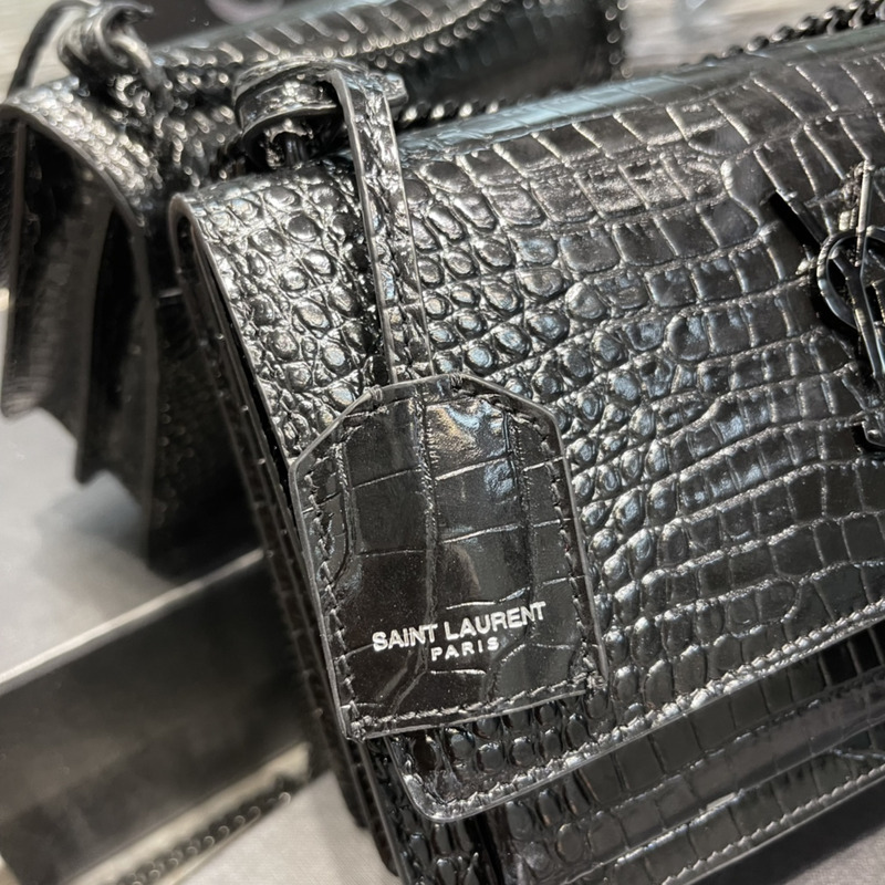 Saint Laurent SUNSET BLACK CHAIN BAG IN CROCODILE EMBOSSED SHINY LEATHER