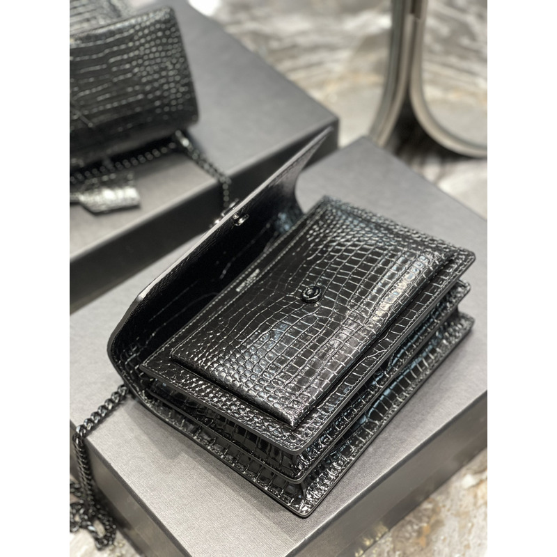 Saint Laurent SUNSET BLACK CHAIN BAG IN CROCODILE EMBOSSED SHINY LEATHER