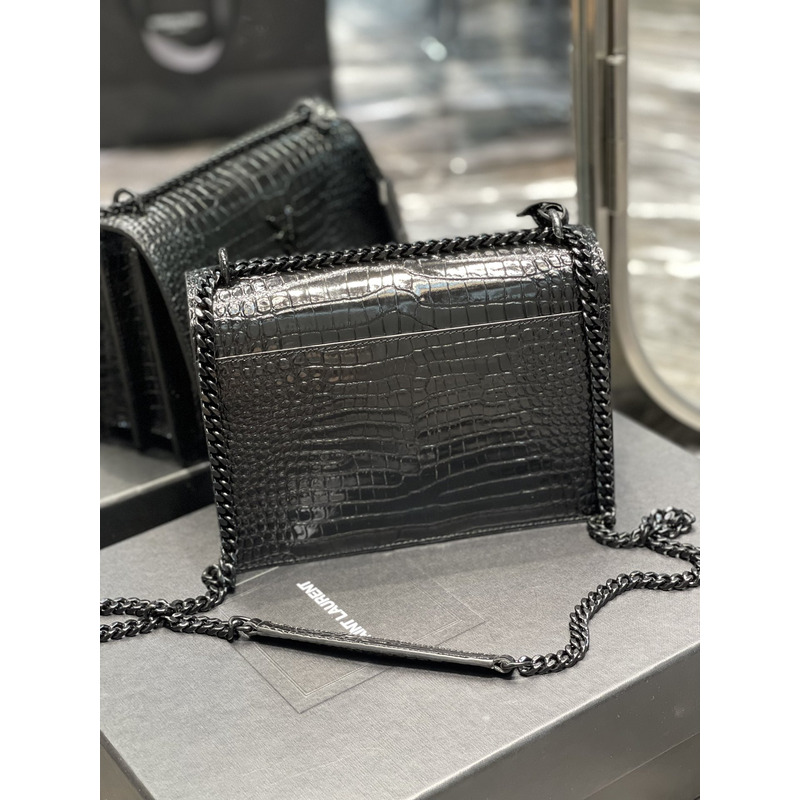 Saint Laurent SUNSET BLACK CHAIN BAG IN CROCODILE EMBOSSED SHINY LEATHER