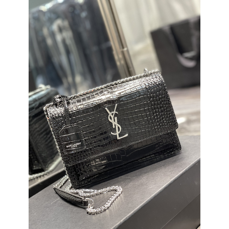 Saint Laurent SUNSET SILVER CHAIN BAG IN CROCODILE EMBOSSED SHINY LEATHER