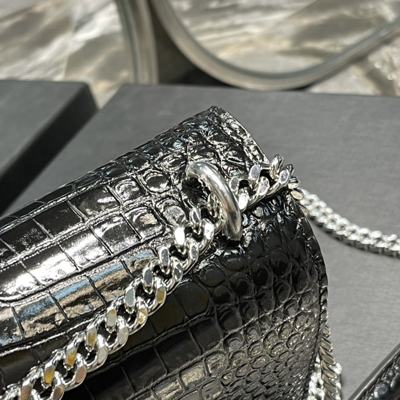 Saint Laurent SUNSET SILVER CHAIN BAG IN CROCODILE EMBOSSED SHINY LEATHER