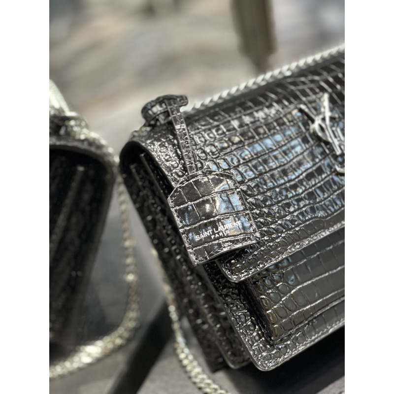 Saint Laurent SUNSET SILVER CHAIN BAG IN CROCODILE EMBOSSED SHINY LEATHER