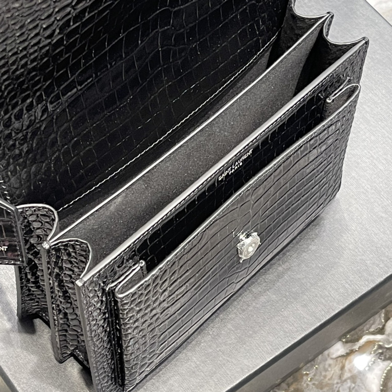 Saint Laurent SUNSET SILVER CHAIN BAG IN CROCODILE EMBOSSED SHINY LEATHER