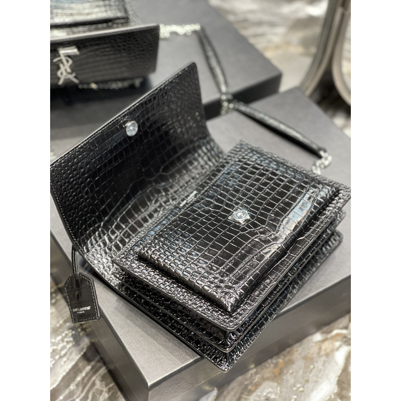 Saint Laurent SUNSET SILVER CHAIN BAG IN CROCODILE EMBOSSED SHINY LEATHER