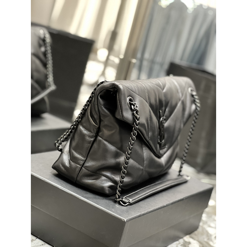 Saint Laurent Puffer Lambskin Chain Bag Matte Black Metal Hardware Medium