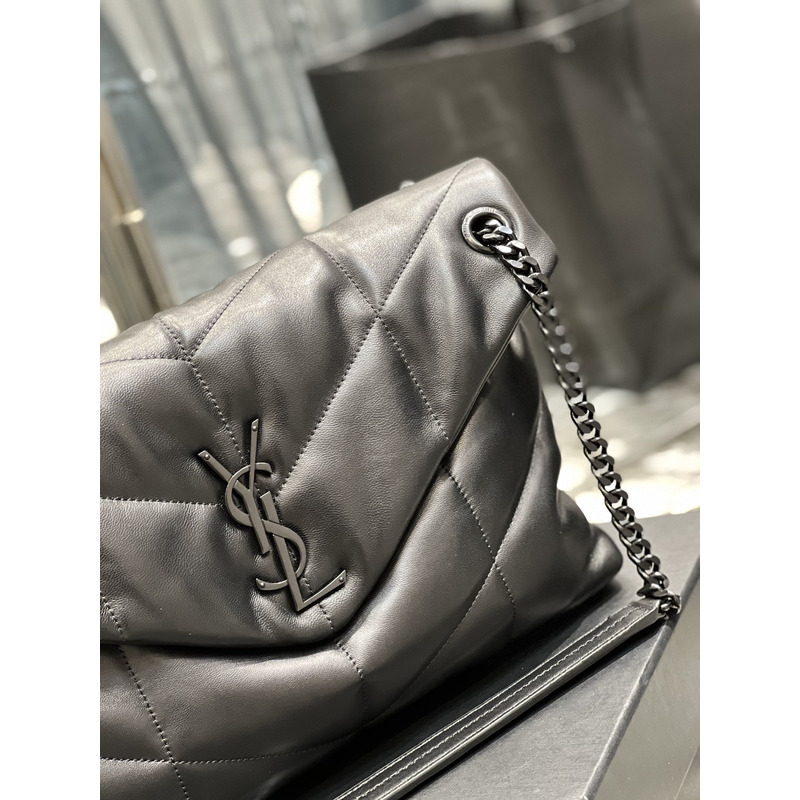 Saint Laurent Puffer Lambskin Chain Bag Matte Black Metal Hardware Medium