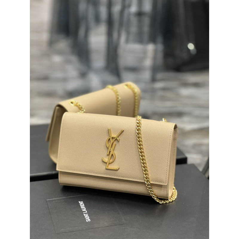 Saint Laurent Kate Pebble Grained Calfskin Shoulder Bag Small Beige