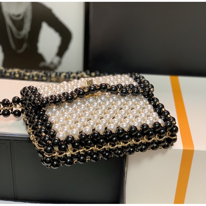 Ch*el handmade imitation pearl woven bag black and white