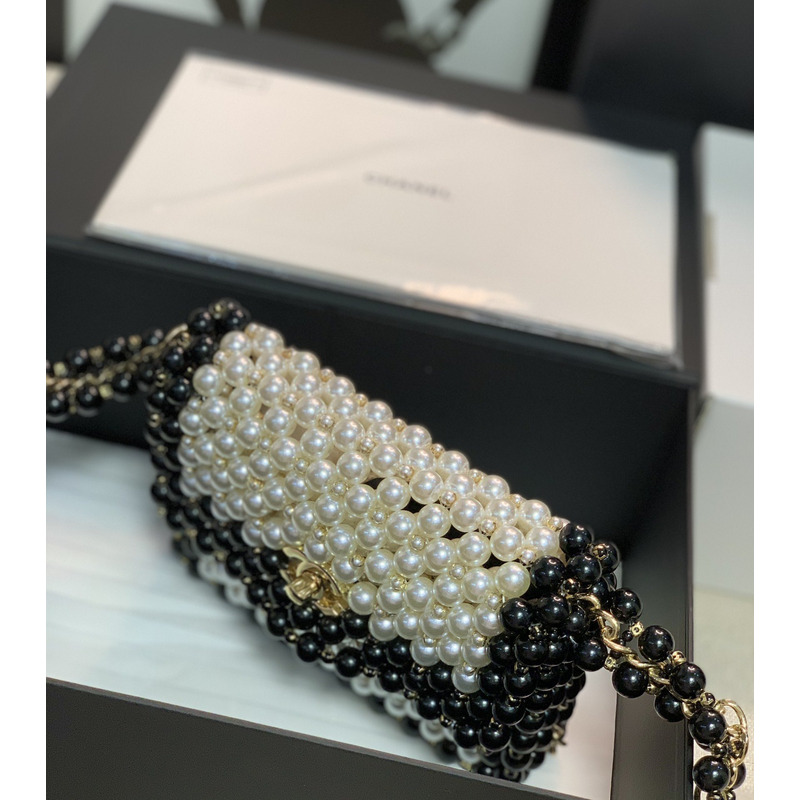 Ch*el handmade imitation pearl woven bag black and white