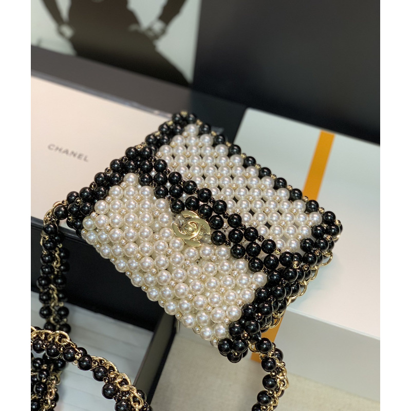 Ch*el handmade imitation pearl woven bag black and white