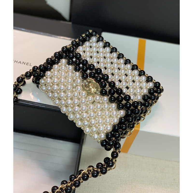 Ch*el handmade imitation pearl woven bag black and white