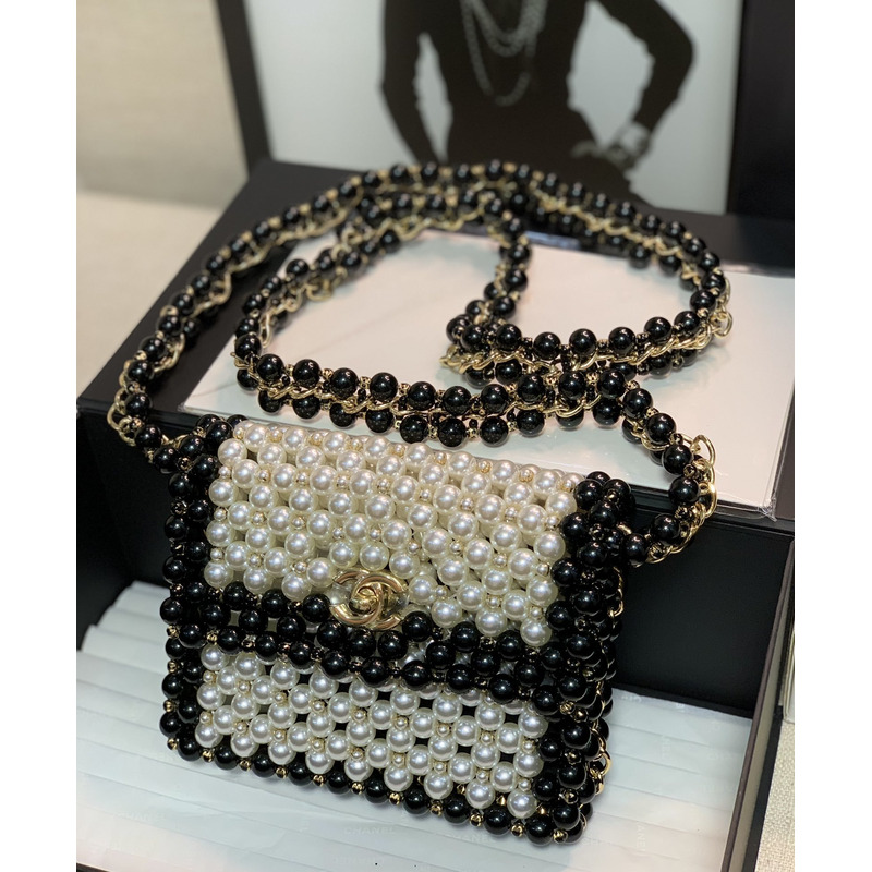 Ch*el handmade imitation pearl woven bag black and white