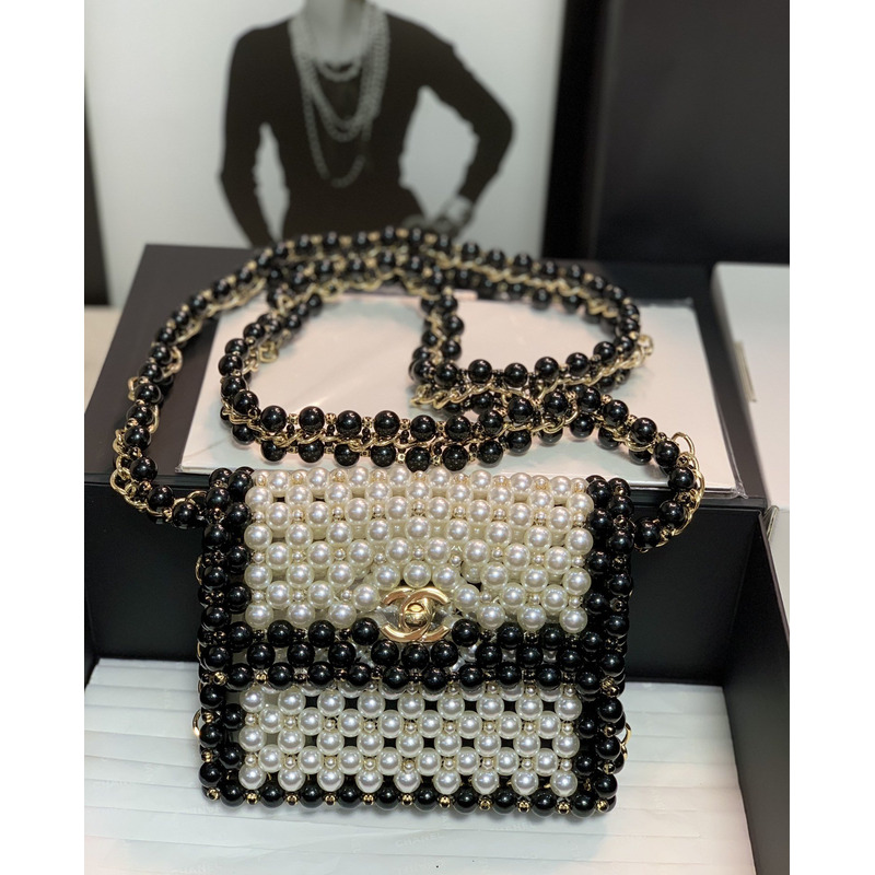 Ch*el handmade imitation pearl woven bag black and white