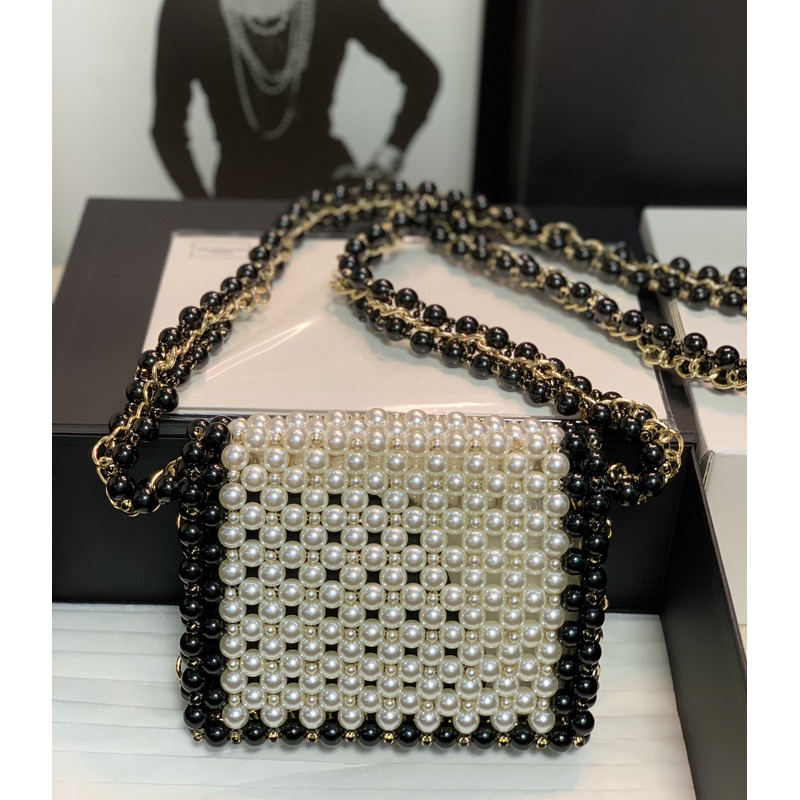 Ch*el handmade imitation pearl woven bag black and white