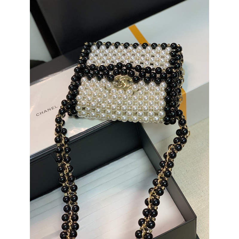 Ch*el handmade imitation pearl woven bag black and white