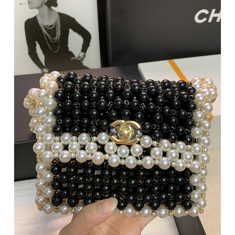 Ch*el handmade imitation pearl woven bag black and white