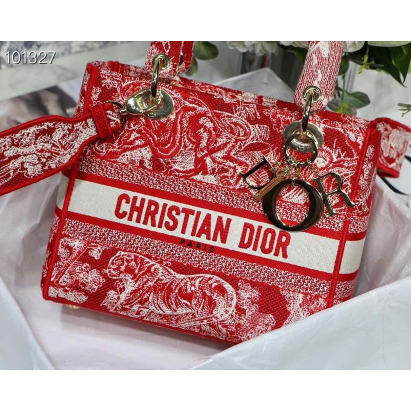 D*or  lady d-lite bag toile de jouy reverse embroidery in red