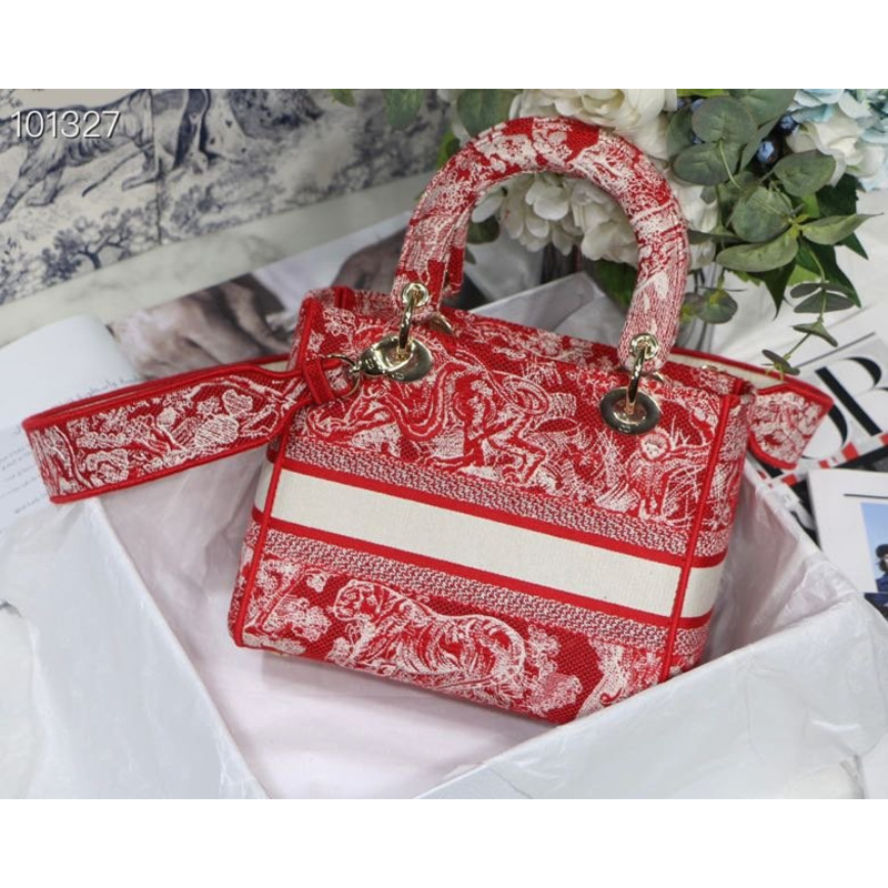 D*or  lady d-lite bag toile de jouy reverse embroidery in red