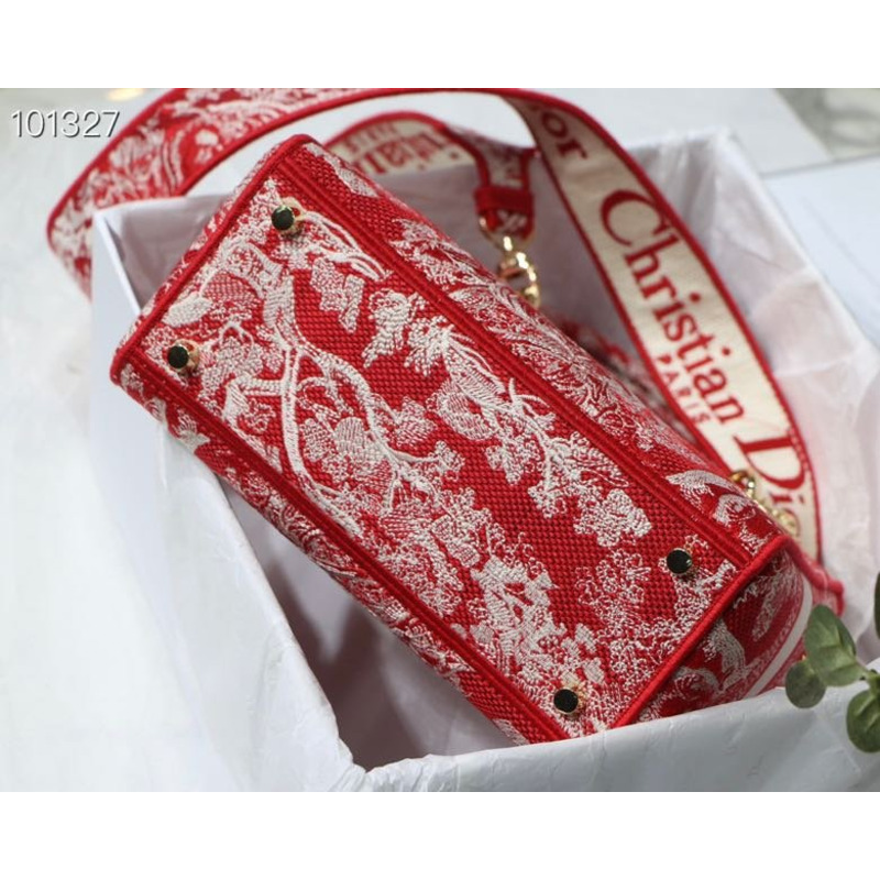 D*or  lady d-lite bag toile de jouy reverse embroidery in red