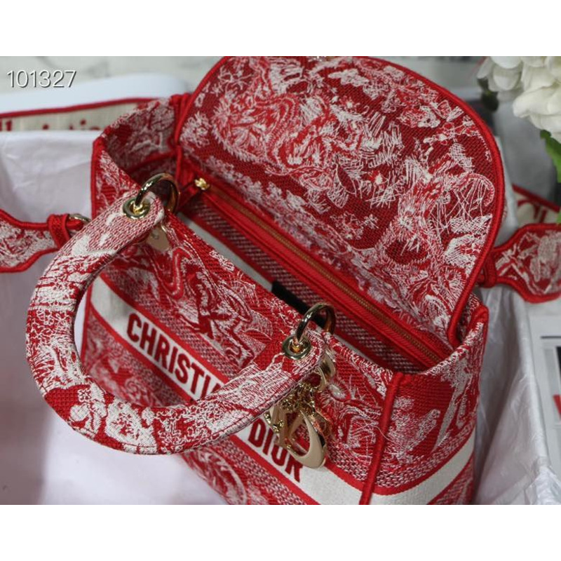 D*or  lady d-lite bag toile de jouy reverse embroidery in red