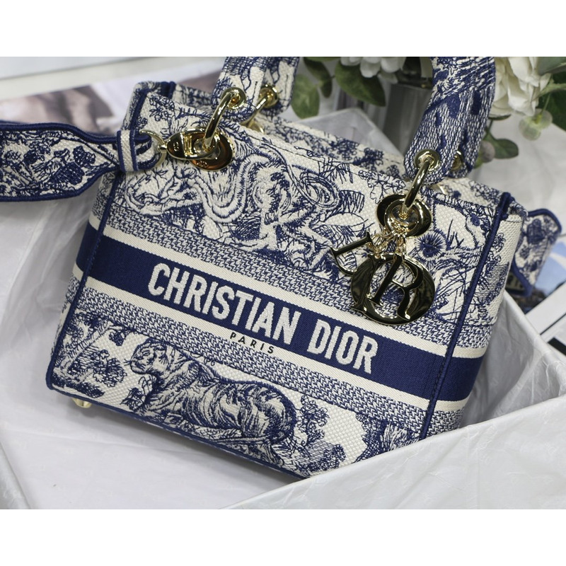 D*or lady d-lite bag toile de jouy embroidery in dark blue