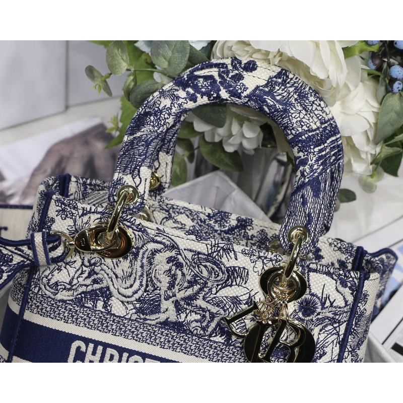 D*or lady d-lite bag toile de jouy embroidery in dark blue