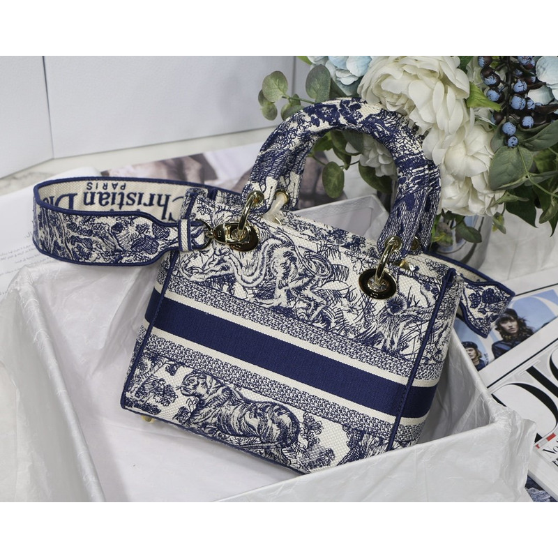 D*or lady d-lite bag toile de jouy embroidery in dark blue