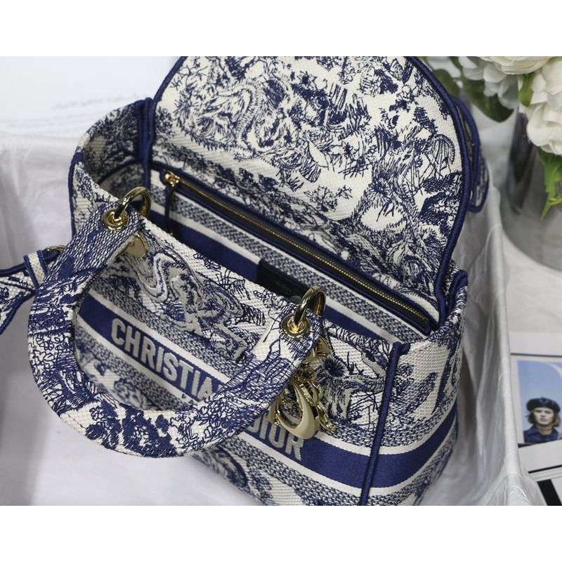 D*or lady d-lite bag toile de jouy embroidery in dark blue