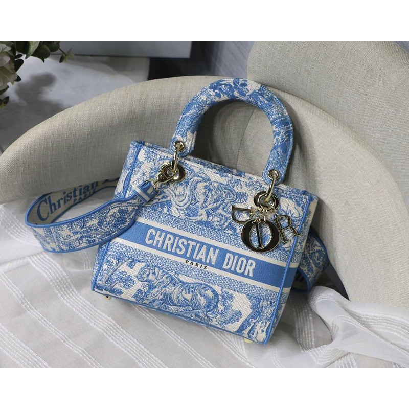 D*or  lady d-lite bag toile de jouy reverse embroidery in fluorescent blue