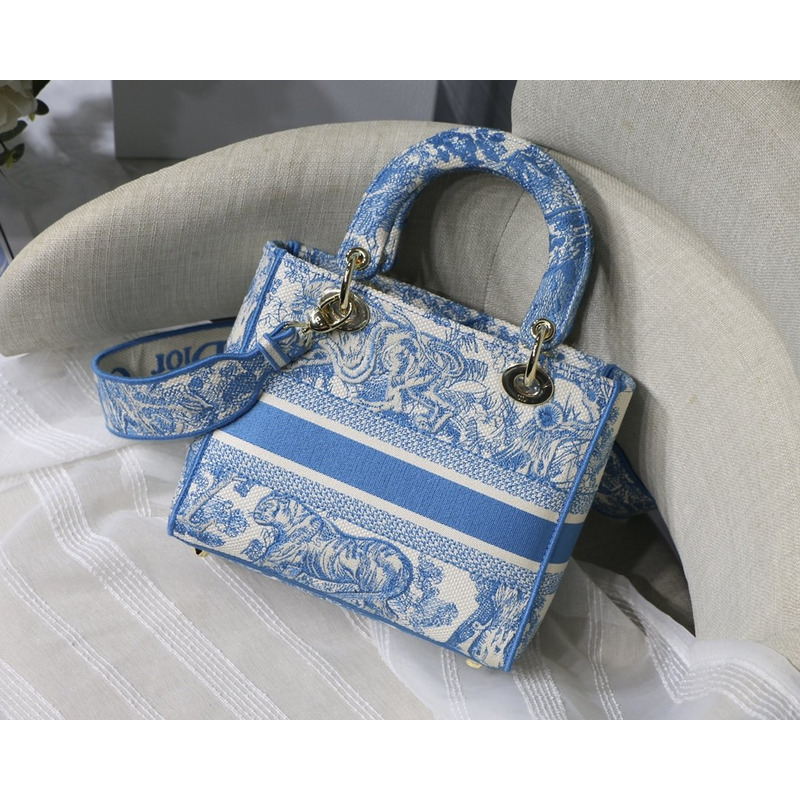 D*or  lady d-lite bag toile de jouy reverse embroidery in fluorescent blue