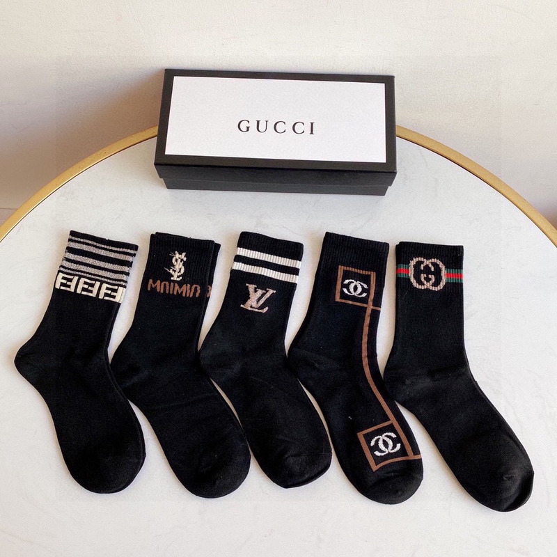 g*u*i+lv+ysl+F**di logo crew socks black (4-pair)