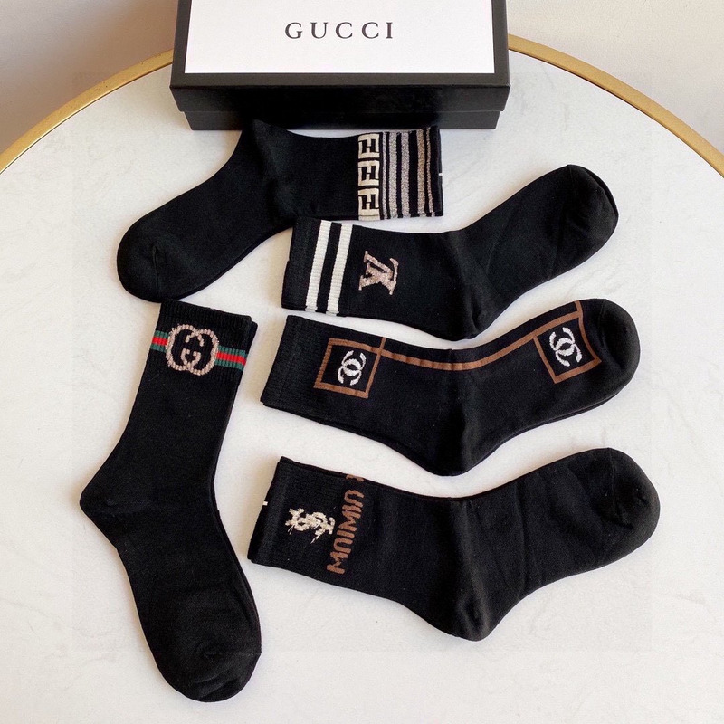 g*u*i+lv+ysl+F**di logo crew socks black (4-pair)