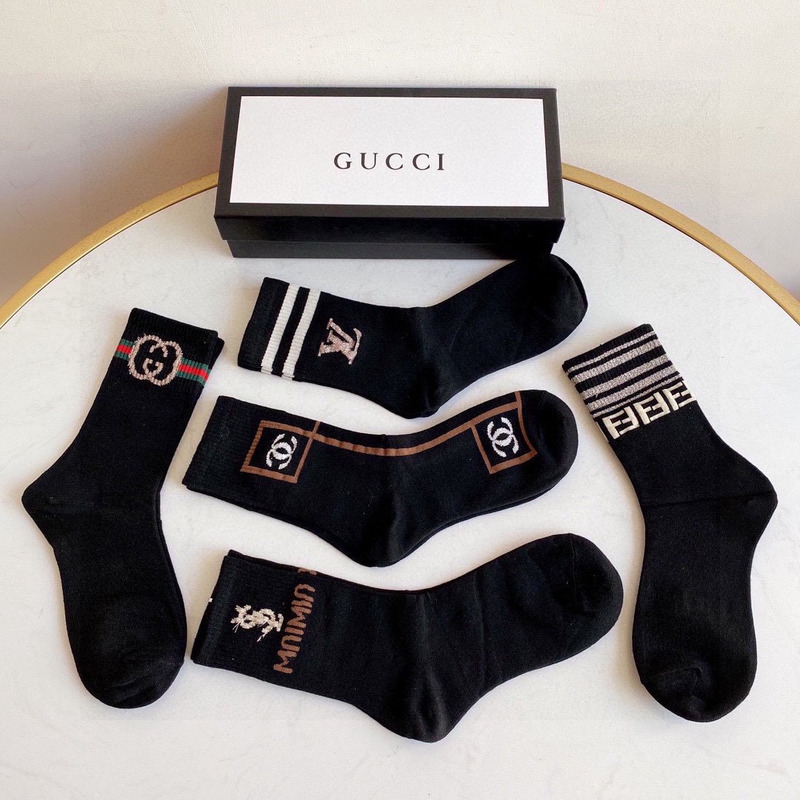 g*u*i+lv+ysl+F**di logo crew socks black (4-pair)