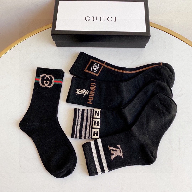 g*u*i+lv+ysl+F**di logo crew socks black (4-pair)