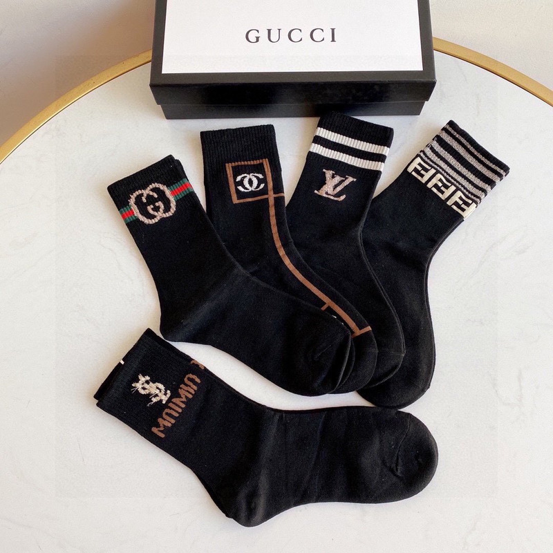 g*u*i+lv+ysl+F**di logo crew socks black (4-pair)