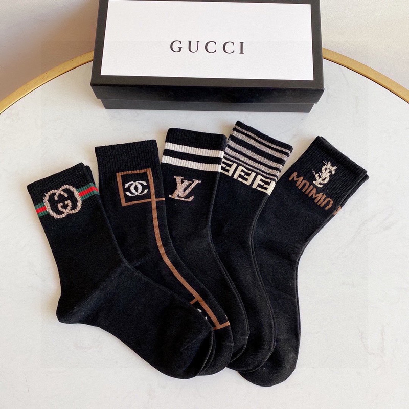 g*u*i+lv+ysl+F**di logo crew socks black (4-pair)