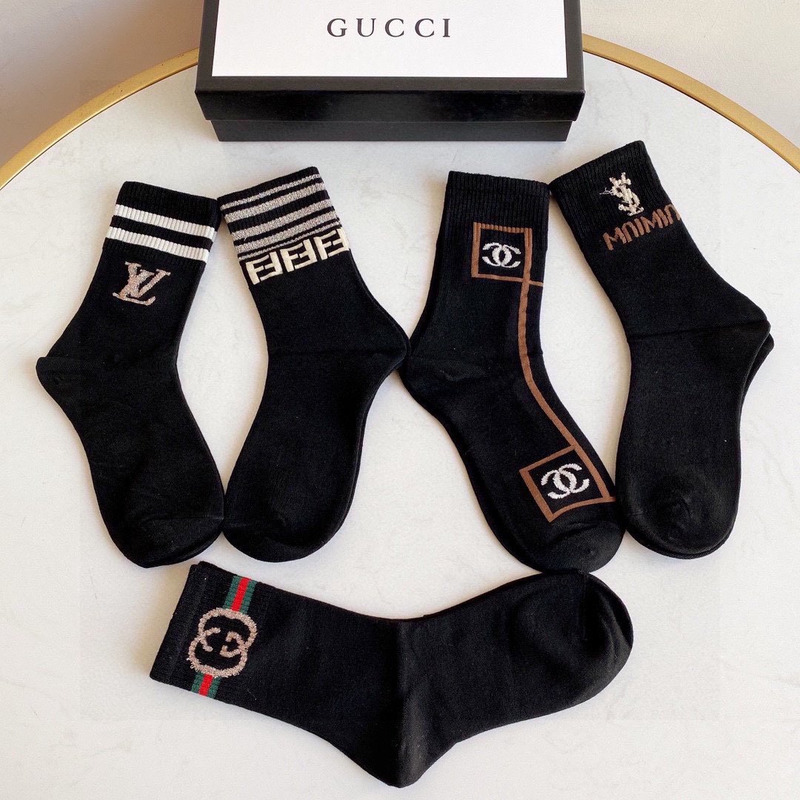 g*u*i+lv+ysl+F**di logo crew socks black (4-pair)