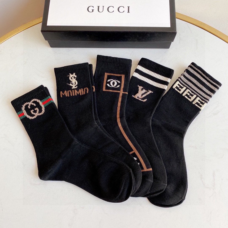 g*u*i+lv+ysl+F**di logo crew socks black (4-pair)