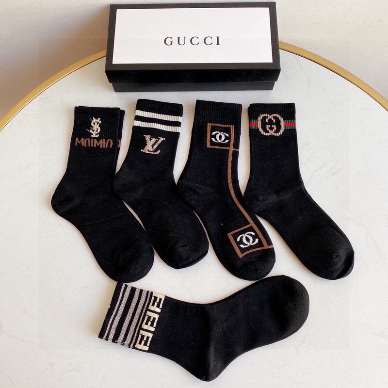 g*u*i+lv+ysl+F**di logo crew socks black (4-pair)